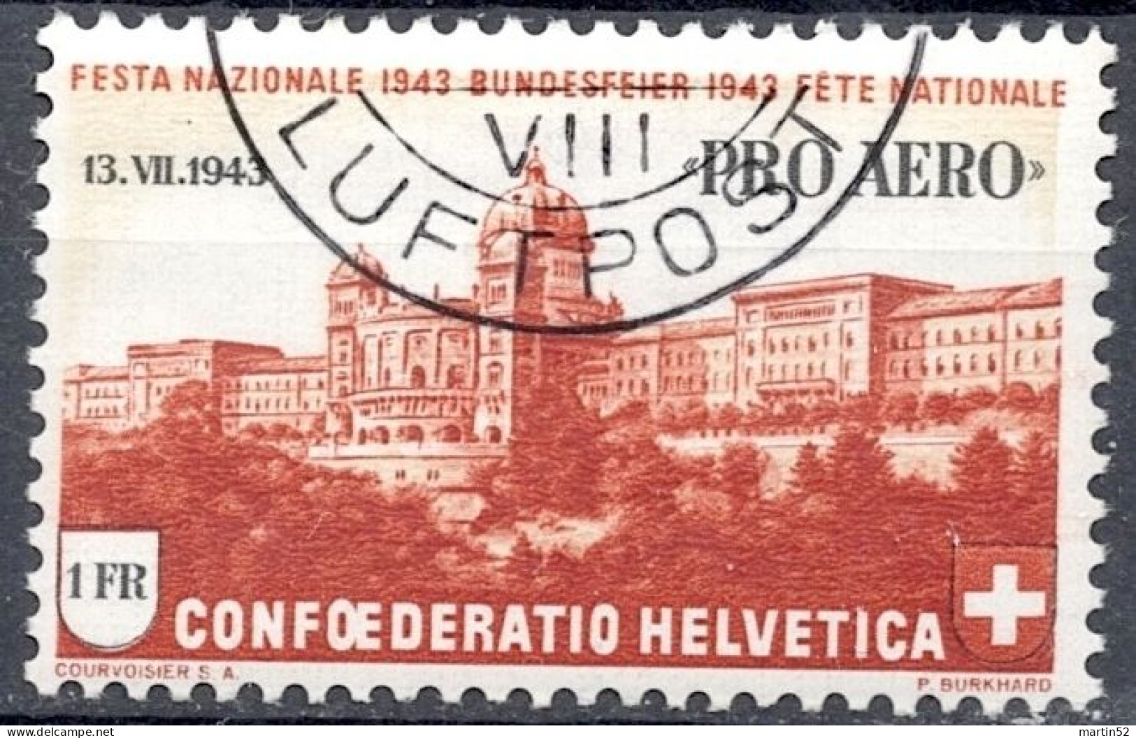 Schweiz Suisse 1943: "PRO AERO 1943" Zu F 36 Mi 422 Yv PA 36 Mit Stempel 13.VII.43 LUFTPOST (Zu CHF 15.00) - Oblitérés