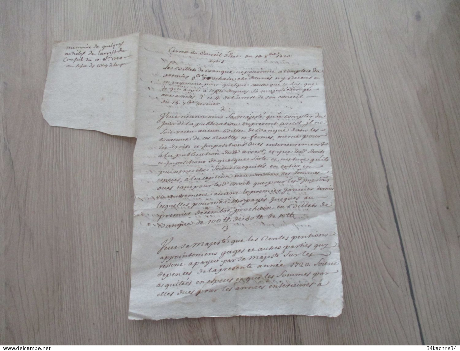 M45 Manuscrit Mémoire De Quelques Arrêts Du Conseil D'Etat De 1720 Au Sujet Des Billets De Banques - Manuscrits