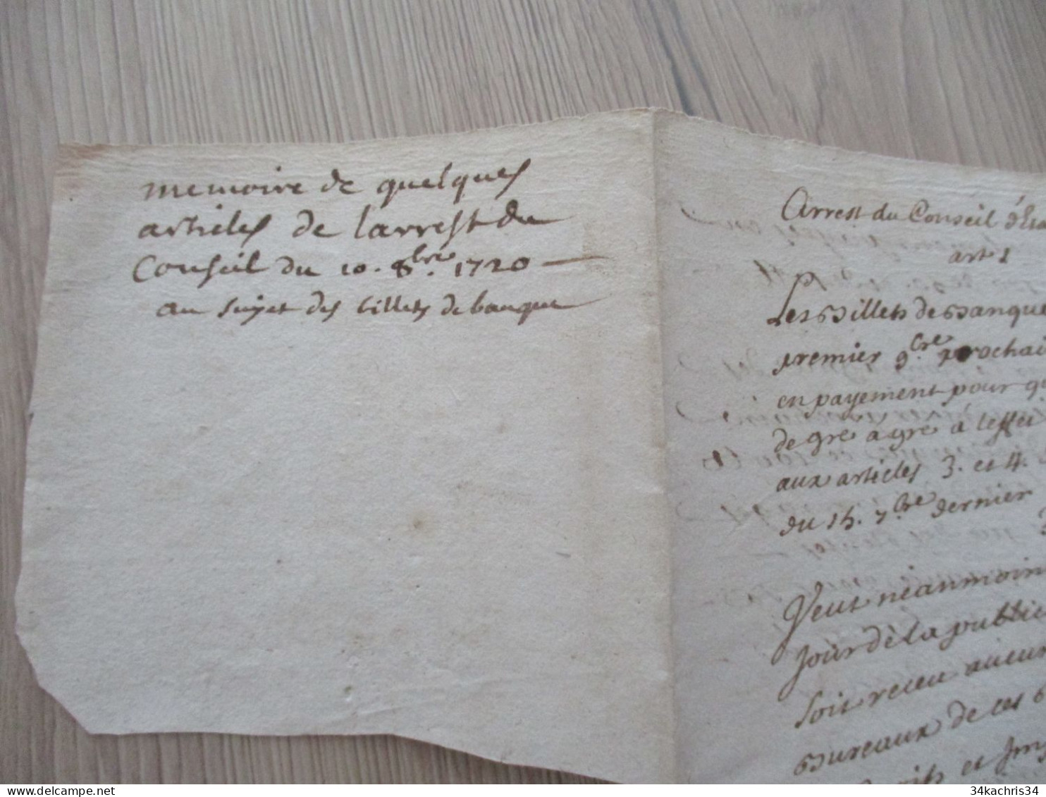 M45 Manuscrit Mémoire De Quelques Arrêts Du Conseil D'Etat De 1720 Au Sujet Des Billets De Banques - Manuskripte