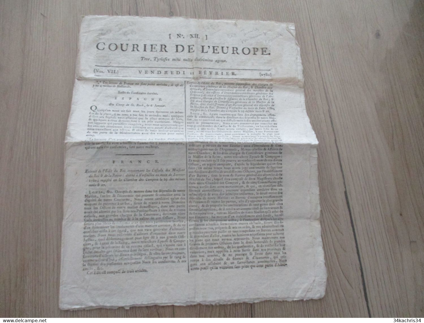 M45 Journal Courrier De L'Europe 11 Février 1780 Dont Compagnie Des Indes - Newspapers - Before 1800