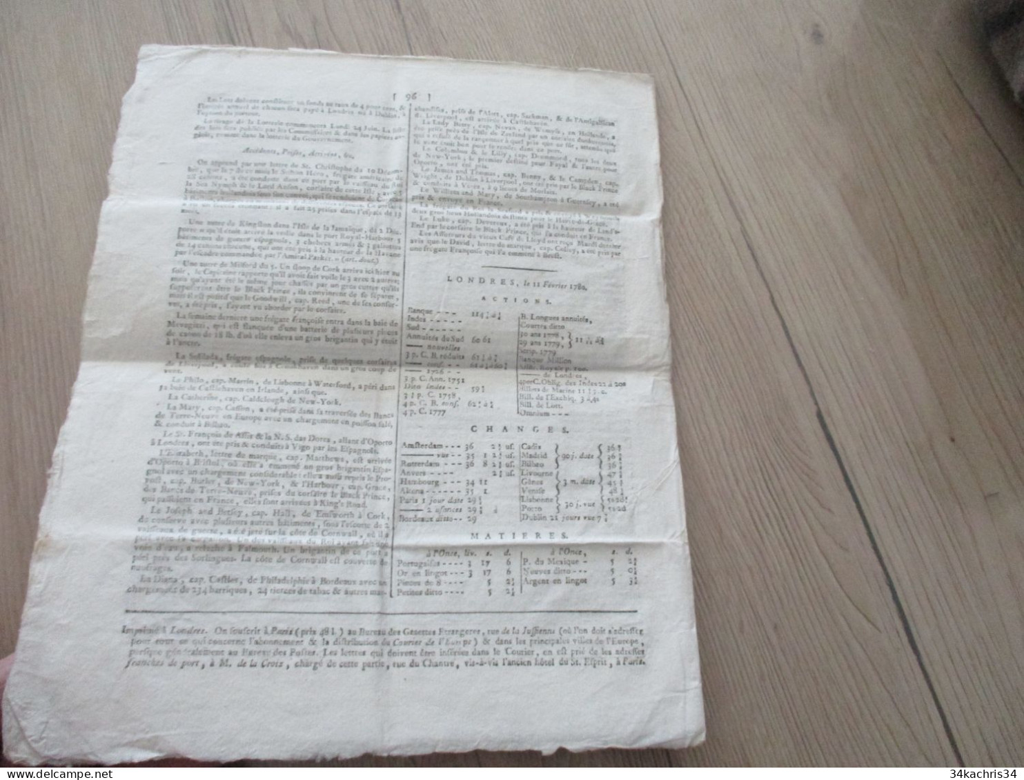 M45 Journal Courrier De L'Europe 11 Février 1780 Dont Compagnie Des Indes - Kranten Voor 1800