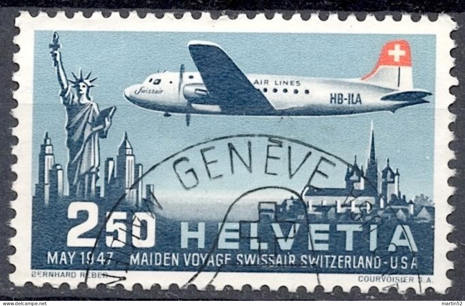 Schweiz Suisse 1947: PRO AERO "Genève-New York" Zu 42 Mi 479 Yv PA41 Halbmond-⊙ GENÈVE 2.V.47 Demi-lune (Zu CHF 32.00) - Gebruikt