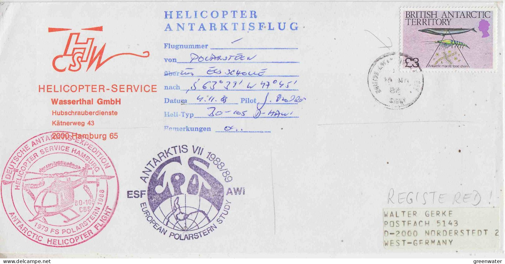 British Antarctic Territory Polarstern Antarctic Flight From Polarstern To Eis Scholle 4.11.1988 (PT151A) - Vols Polaires