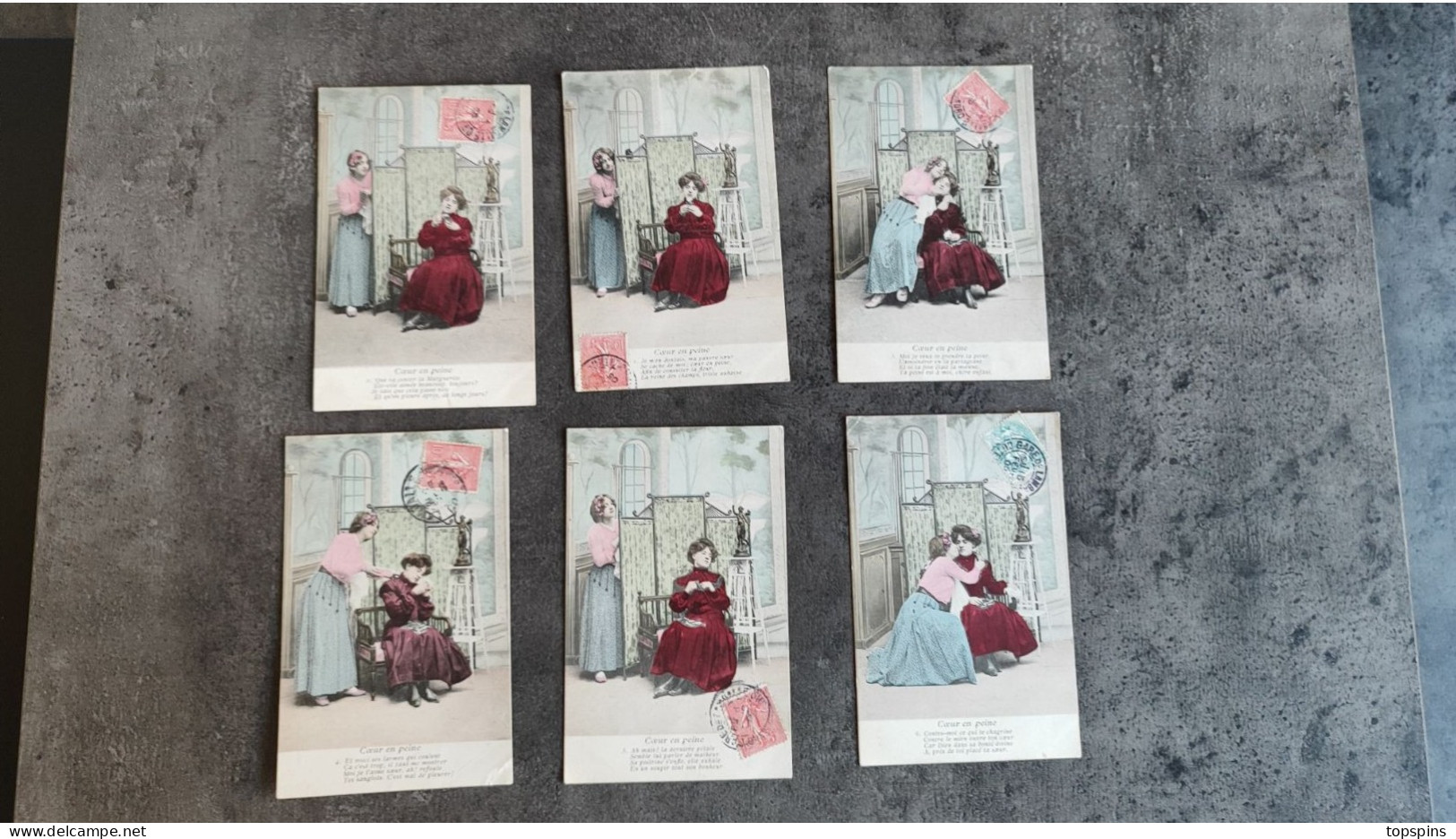 SERIE COMPLETE 6 CARTE POSTALE CP FANTAISIE AMOUR COEUR EN PEINE 1905 TBE - Colecciones Y Lotes