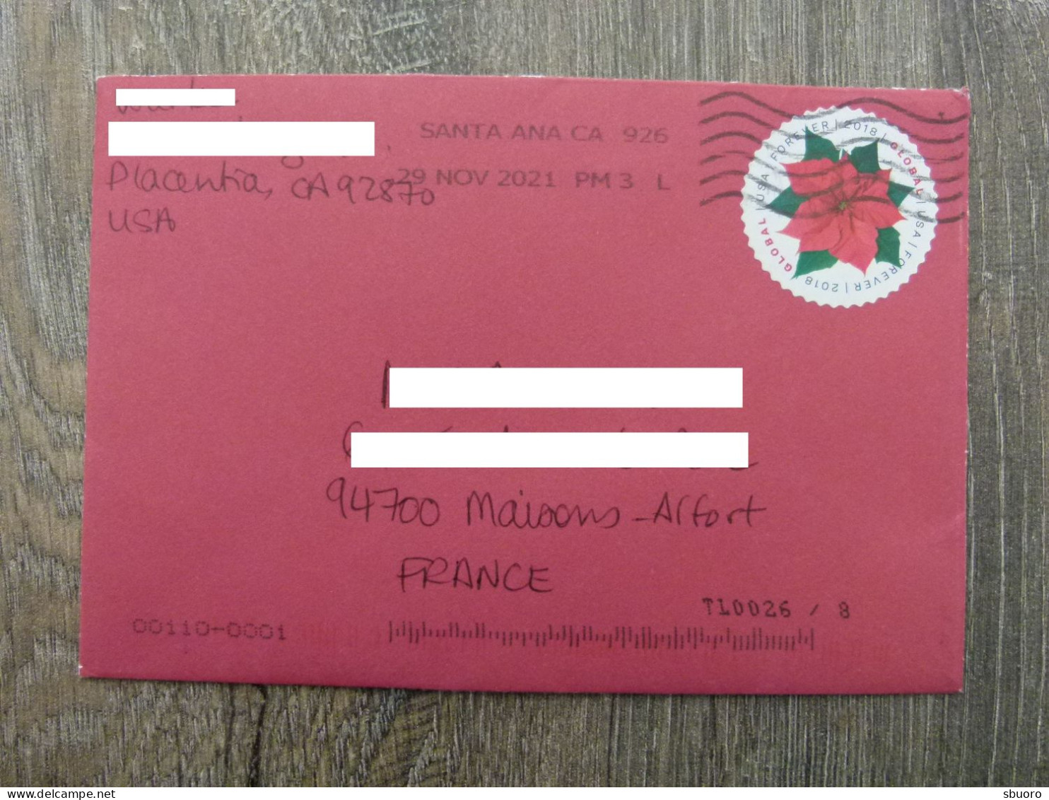 Full Cover From Placentia (Cancelled In Santa Ana, Ca.) To Maisons-Alfort (France). Red Flower. Global USA Forever. - Storia Postale