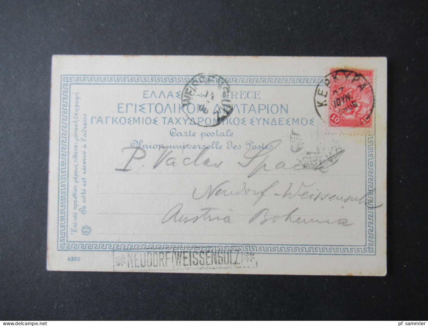 1906 AK Corfou Ponticonissi / Corfu Stp. Kepkypa Und Ank. K1 Weissensulz Und Ra1 * Neudorf (Weissensulz)* Postablage Stp - Covers & Documents