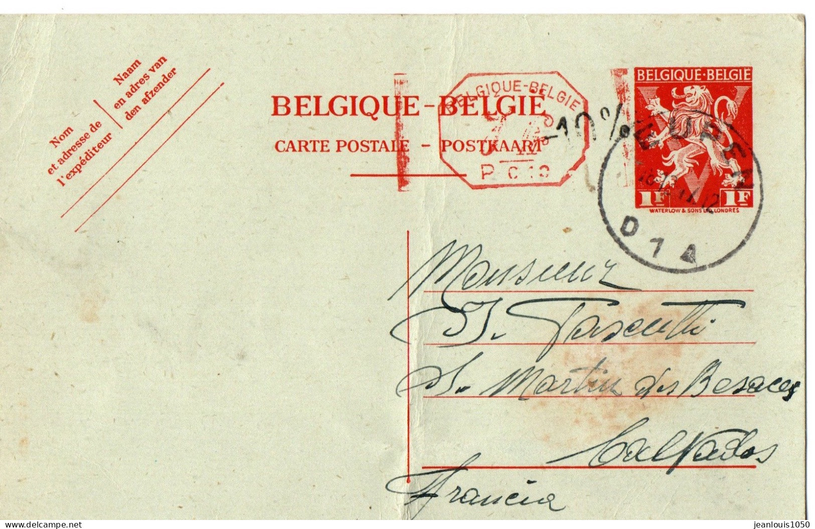BELGIQUE ENTIER CARTE OBLITRE EUPEN 1947 POUR LA FRANCE. - Postkarten 1934-1951