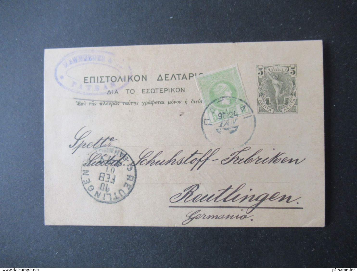 Griechenland 1901 Ganzsache Mit Zusatzfrankatur Hermeskopf! Patras - Reutlimngen Mit Ank. Stempel K1 Reutlingen Bahnhof - Entiers Postaux