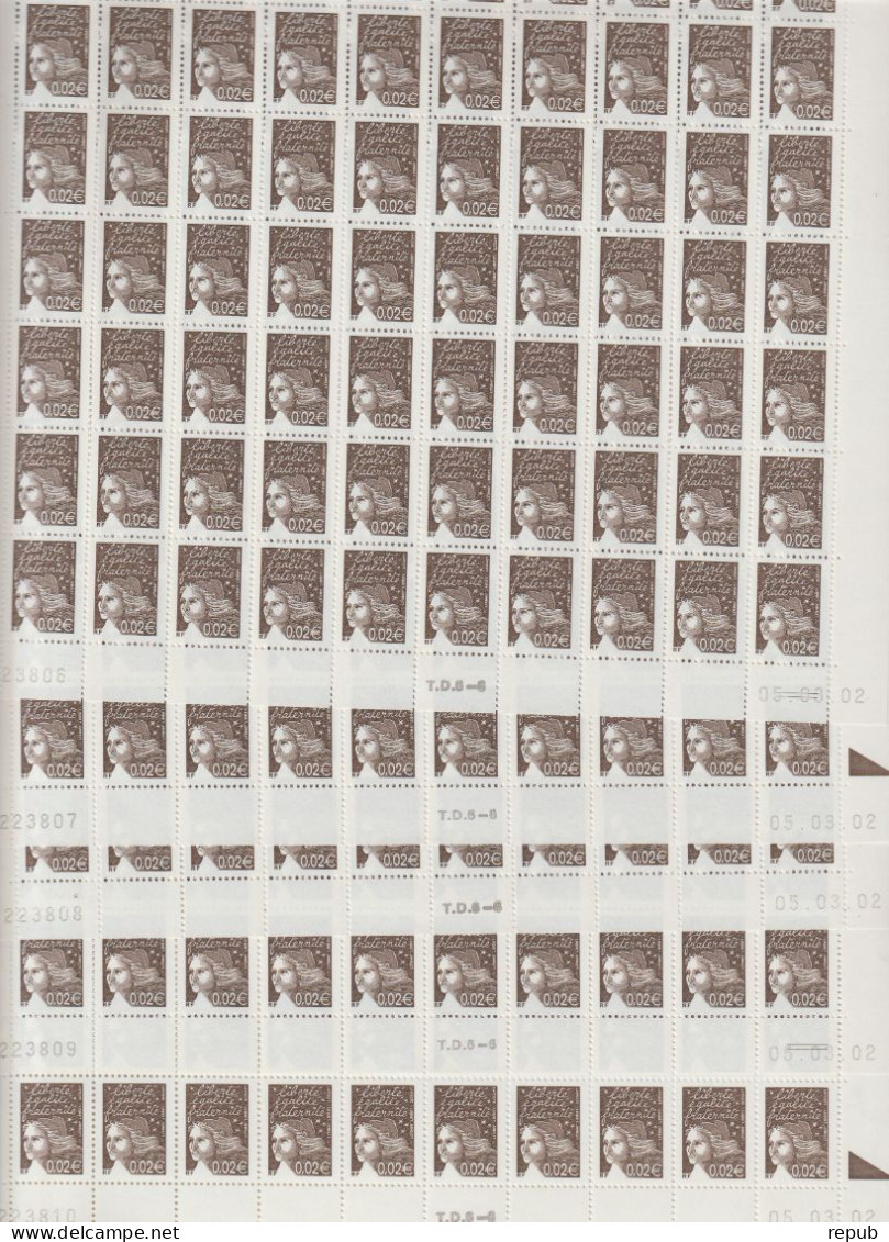 France 2002 Marianne Luquet 3444 Lot 10 Feuilles De 100 Tirage 05.03.02 ** MNH - Full Sheets