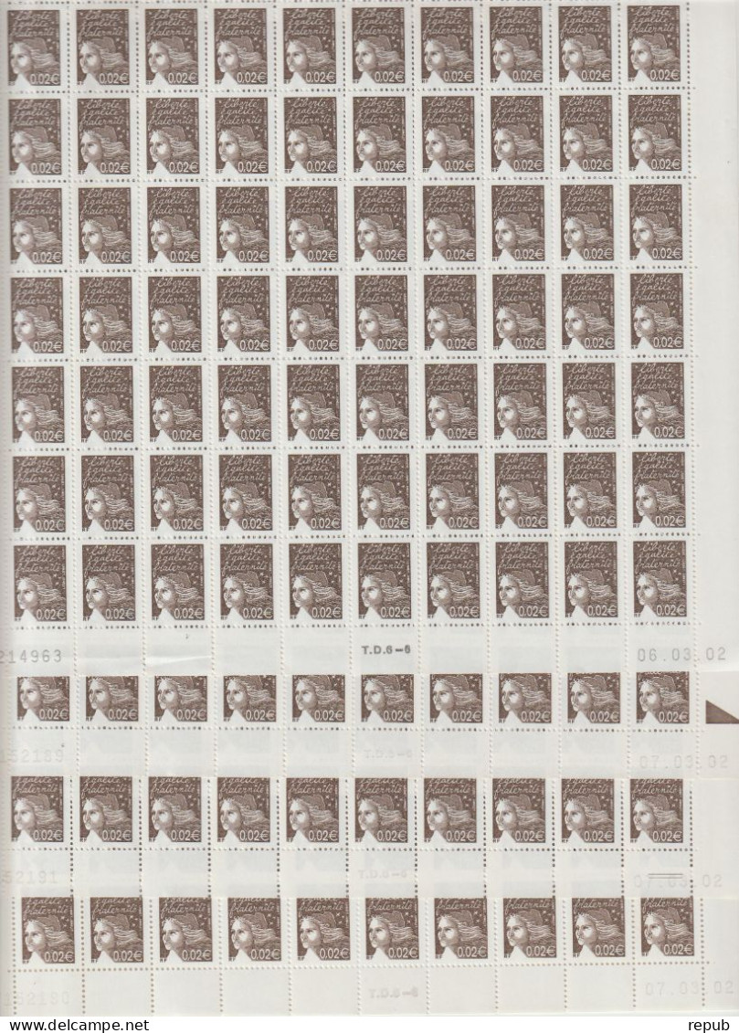 France 2002 Marianne Luquet 3444 Lot 4 Feuilles De 100 Tirage 06 Et 07.03.02 ** MNH - Full Sheets