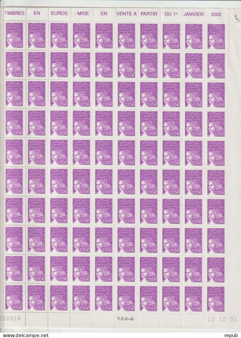 France 2002 Marianne Luquet 3446 Lot 1 Feuille De 100 Tirage 15.10.01 ** MNH - Feuilles Complètes