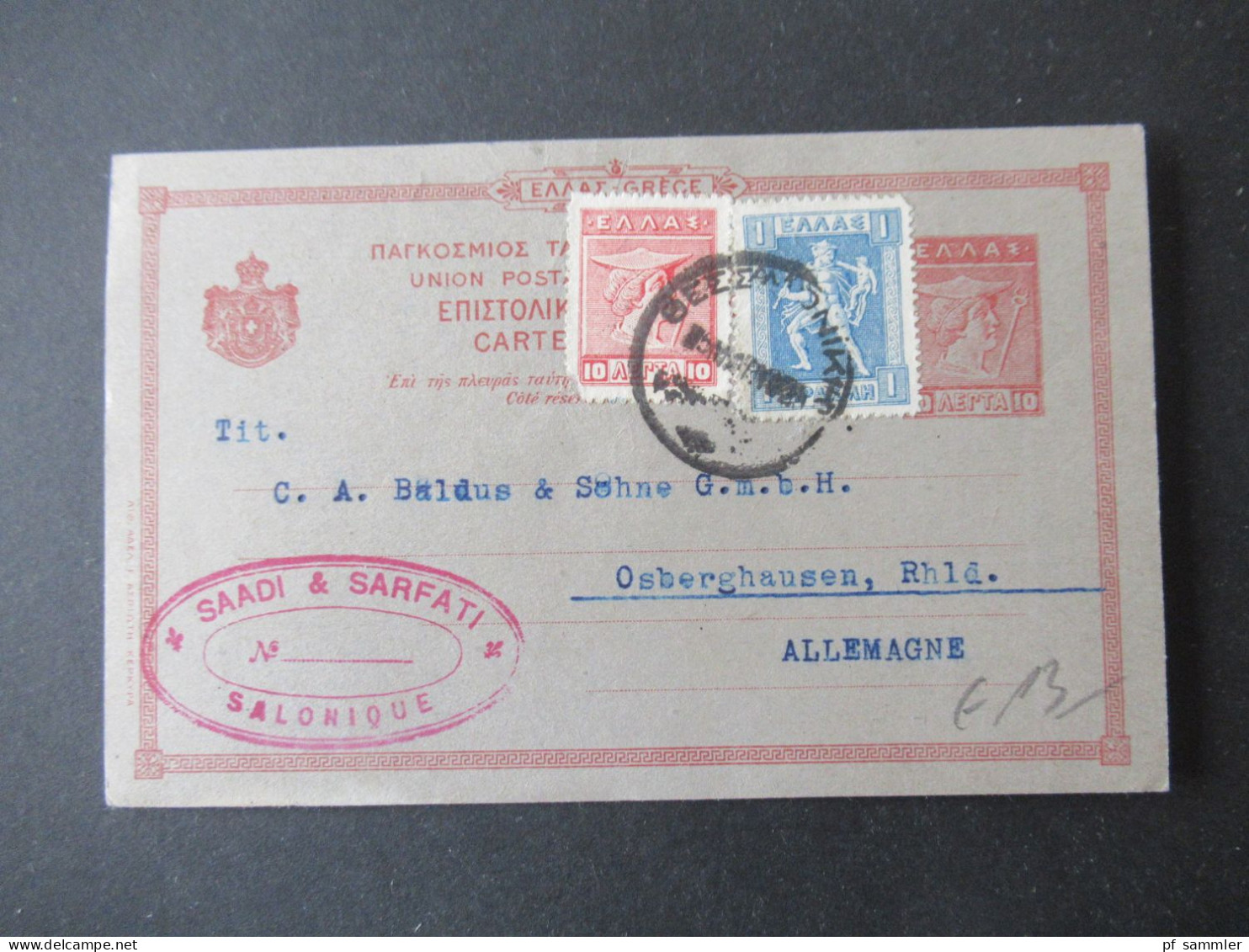 Griechenland 1923 Ganzsache Hermeskopf Mit Stab 2x Zusatzfrankatur Abs. Stp. Saadi & Sarfati Salonique - Osberghausen - Postal Stationery