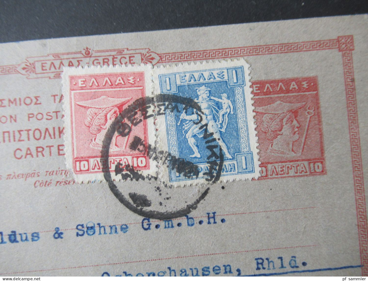 Griechenland 1923 Ganzsache Hermeskopf Mit Stab 2x Zusatzfrankatur Abs. Stp. Saadi & Sarfati Salonique - Osberghausen - Entiers Postaux
