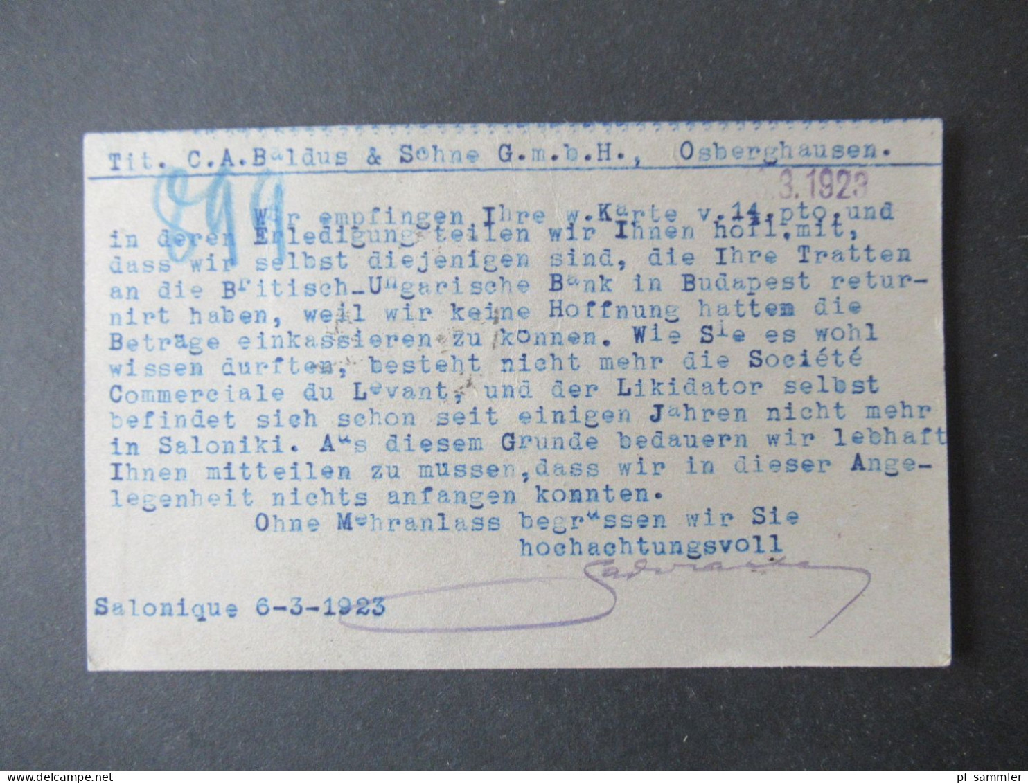 Griechenland 1923 Ganzsache Hermeskopf Mit Stab 2x Zusatzfrankatur Abs. Stp. Saadi & Sarfati Salonique - Osberghausen - Ganzsachen
