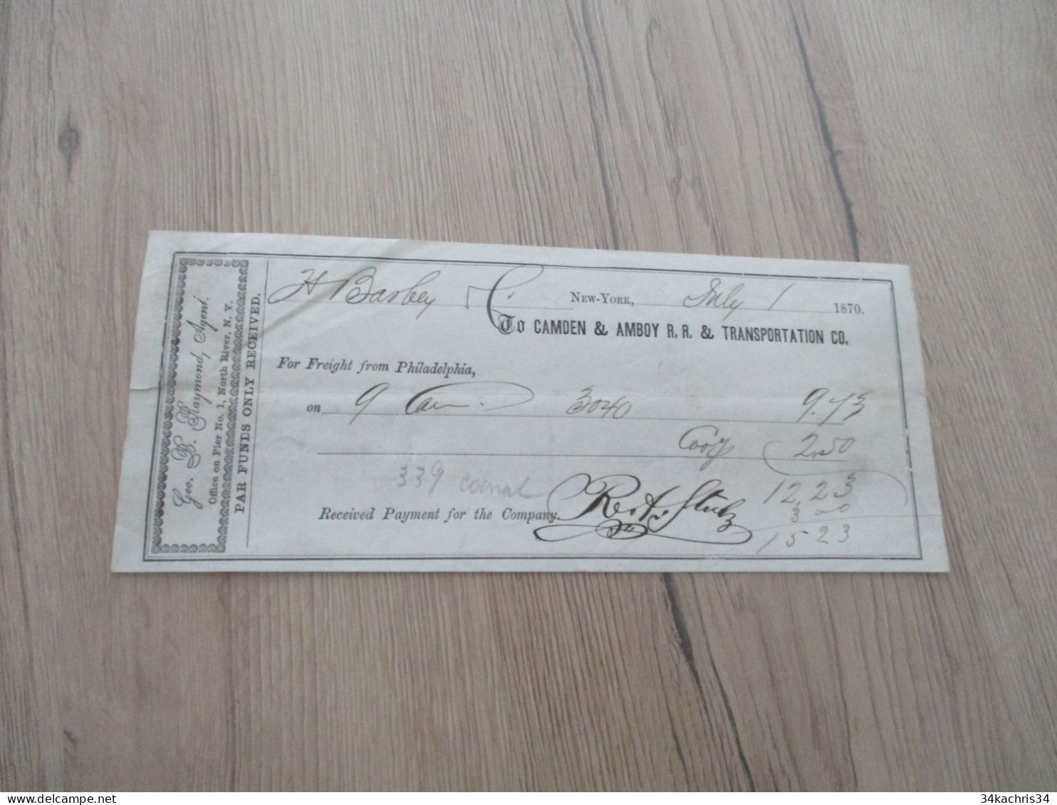 M45 Reçu Received Payment Géo Raymond  To Camden Amboy  Transportation New York 1870 - USA