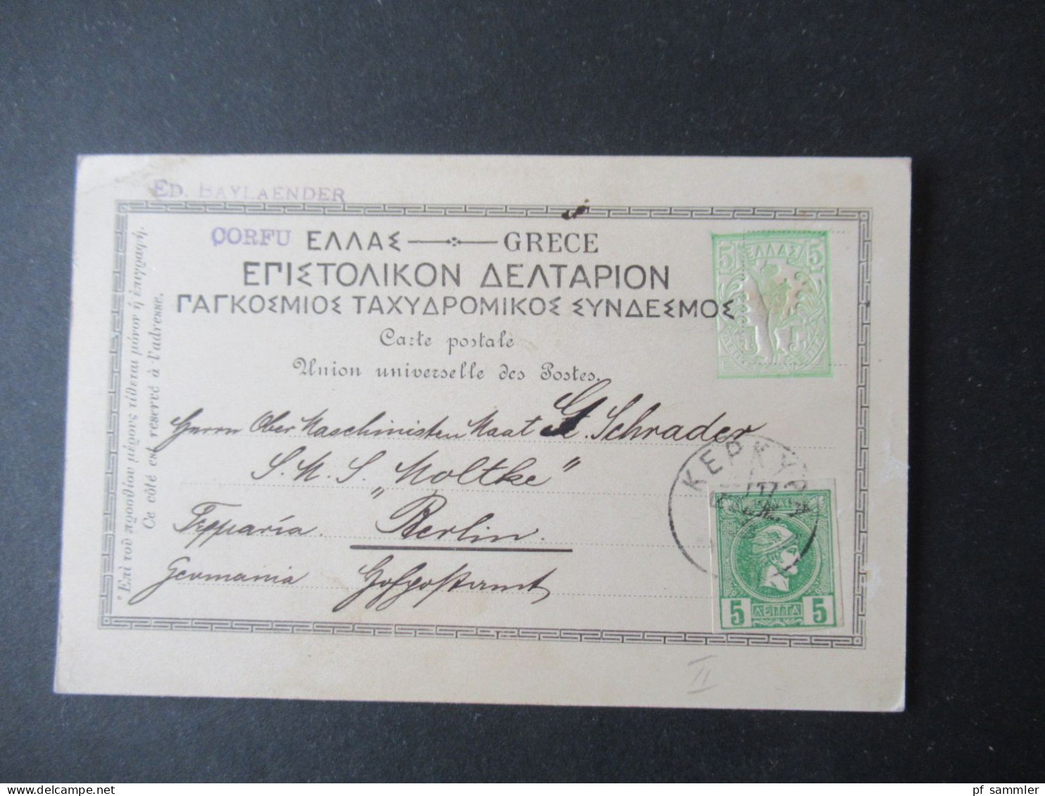 Griechenland Um 1910 Ganzsache Bild PK Corfou Da Vido Mit Zusatzfrankatur Hermeskopf / Marine Maschinist SMS Moltke - Postal Stationery