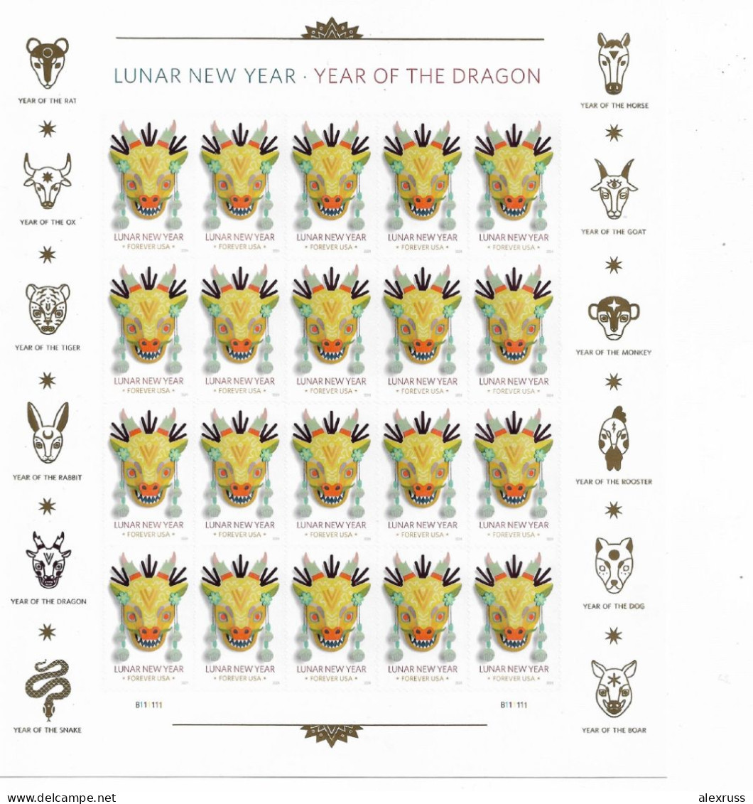 US 2024 Chinese Lunar New Year Series: Year Of The Dragon, Sheet Of 20, VF MNH** - Unused Stamps