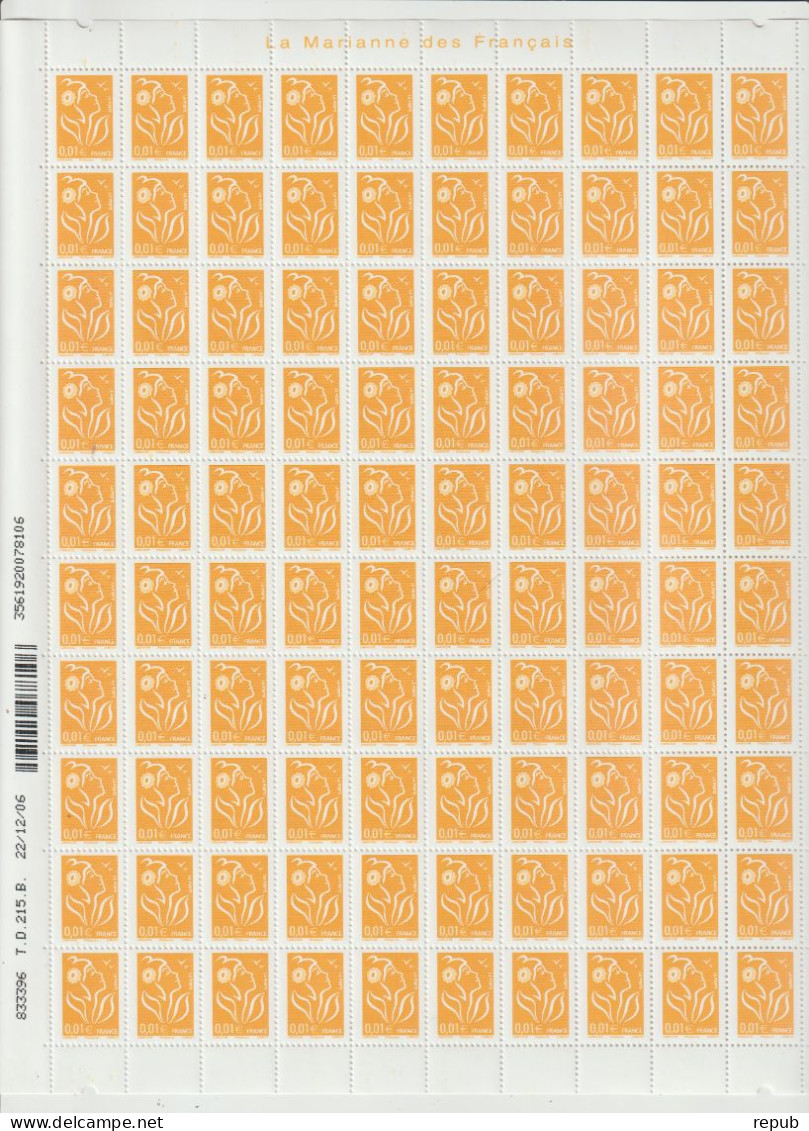 France 2005 Marianne Lamouche 3731A Type II Lot 10 Feuilles De 100 Tirage 22.12.06 ** MNH - Full Sheets