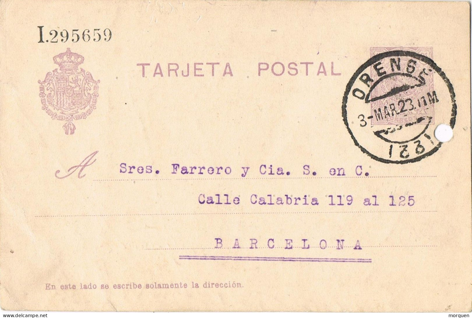 53788. Entero Postal ORENSE 1923. Alfonso XIII Medallon, Num 50 º - 1850-1931