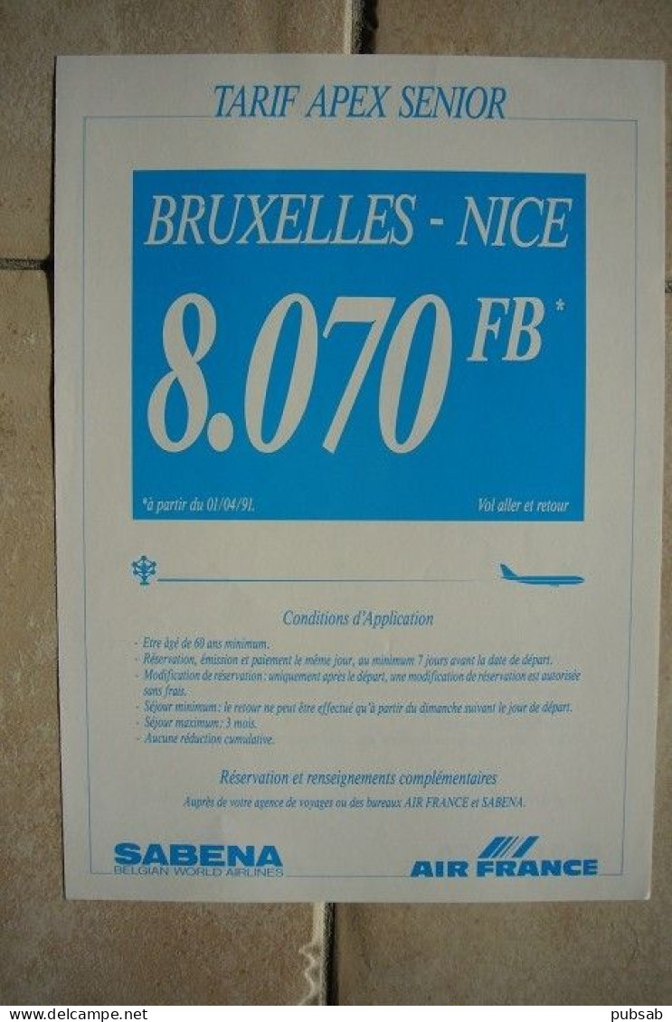 Avion / Airplane / SABENA - AIR FRANCE  / Affichette Originale A4 / Vol Bruxelles - Nice - Publicidad