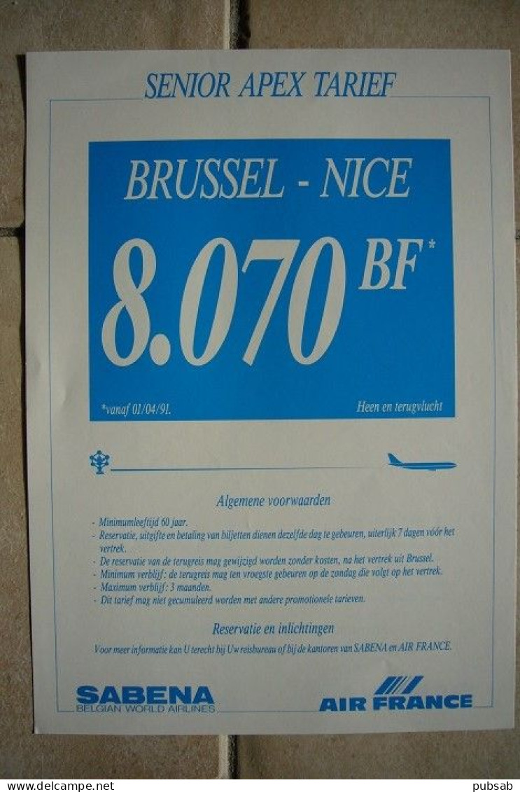 Avion / Airplane / SABENA - AIR FRANCE  / Affichette Originale A4 / Vol Bruxelles - Nice - Publicités