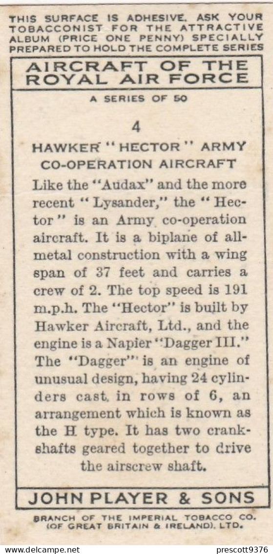 4 Hawker Hector, Army Liaison - Aircraft Of The Royal Air Force 1938 - Players Original Cigarette Card - Military - Player's