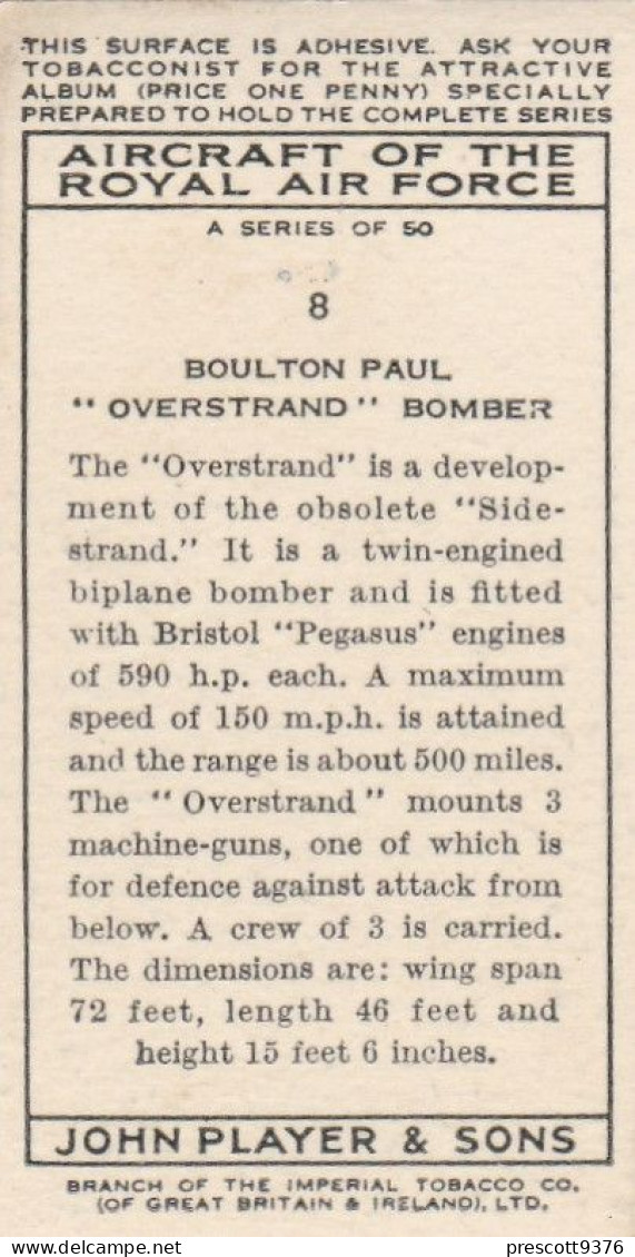 8 Boulton Paul, Overstrand Bomber - Aircraft Of The Royal Air Force 1938 - Players Original Cigarette Card - Military - Player's