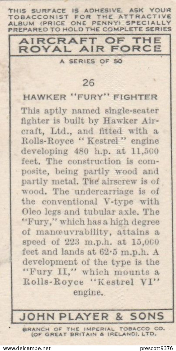 26 Hawker Fury Fighter - Aircraft Of The Royal Air Force 1938 - Players Original Cigarette Card - Military - Player's