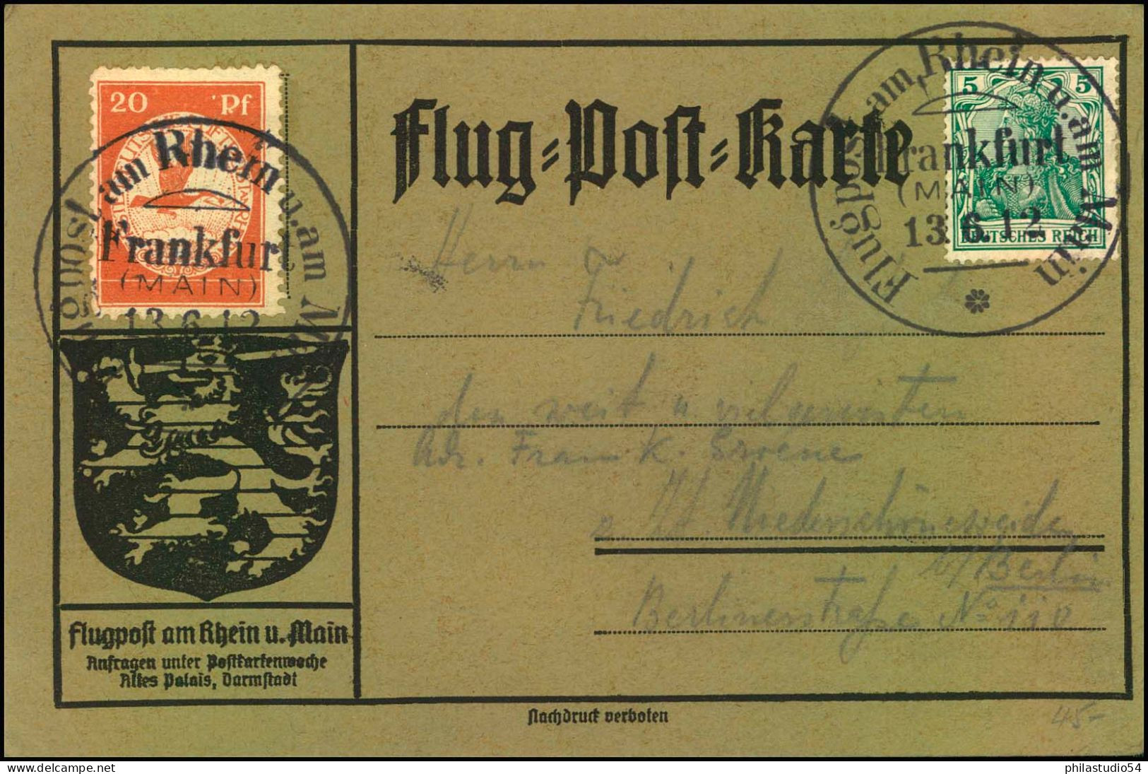 1912, FLUGPOST RHEIN-MAIN, 20 Pfg. Auf Brauner Karte Gestempelt "OFFENBACH 13-6-12" - Lettres & Documents