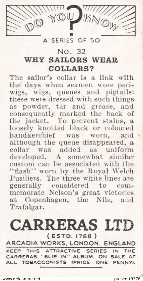 32 Why Do Sailors Wear Collars? -  Carreras Cigarette Card - Do You Know? 1939 -32 Why Do Sailors Wear Collars - Player's