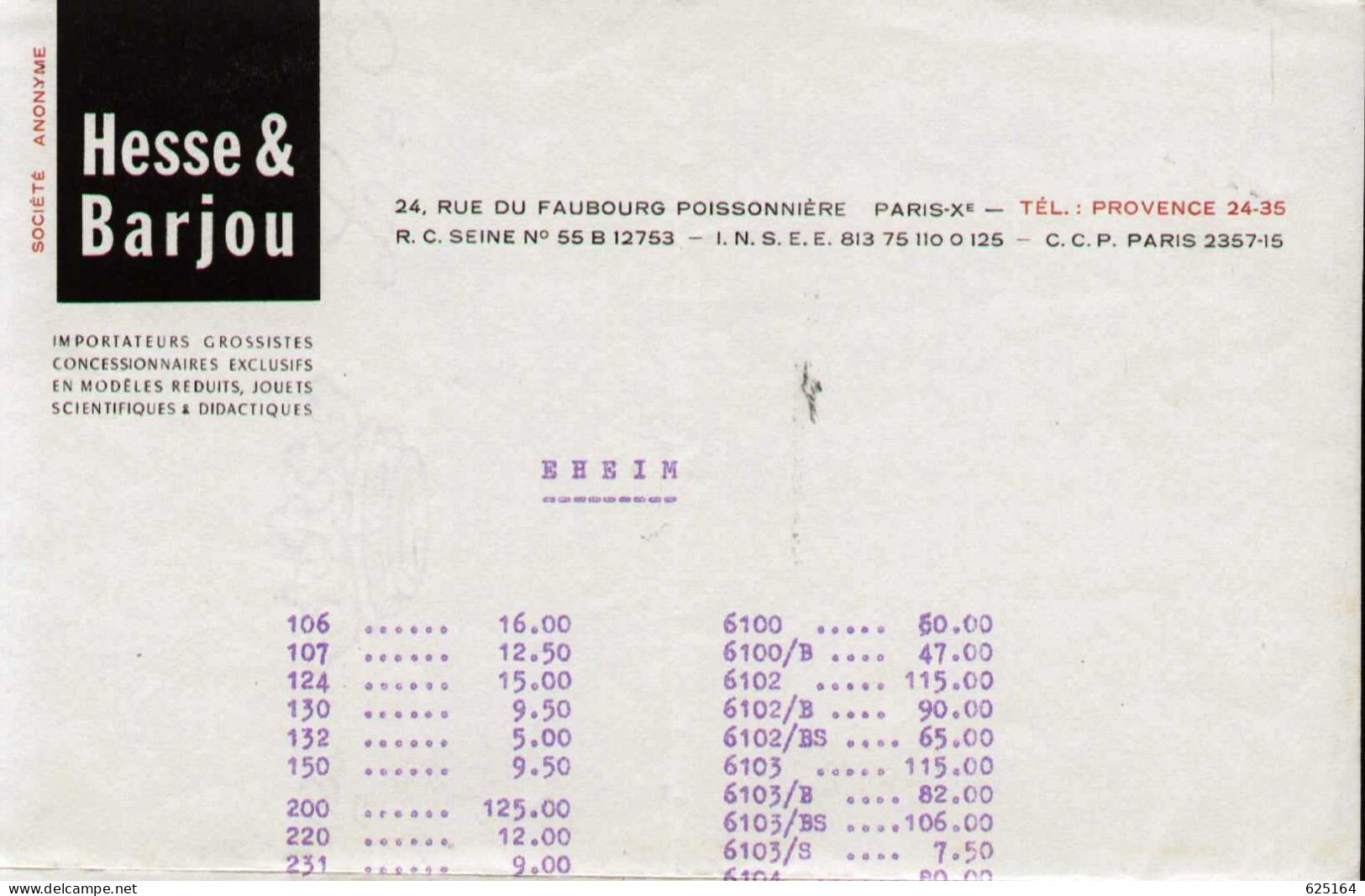 Tarif EHEIM 1964 FF Francs Français - En Français - Francés