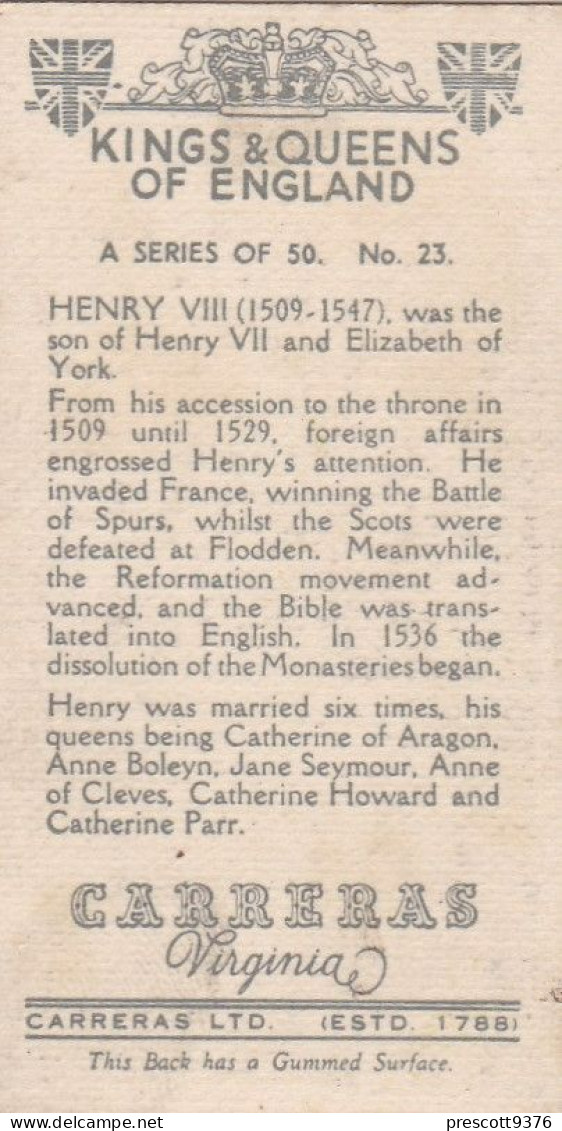 23 Henry VIII -  Carreras Cigarette Card - Kings & Queens Of England 1931 - Player's