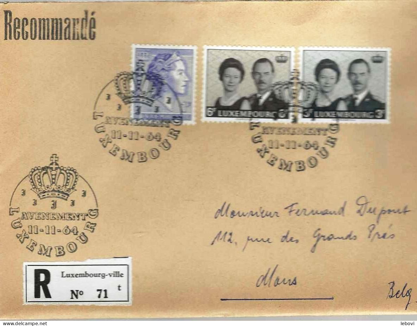 (Luxembourg) Pli RECOMMANDE De ‘LUXEMBOURG Vers MONS (11-11-64) - Stamped Stationery