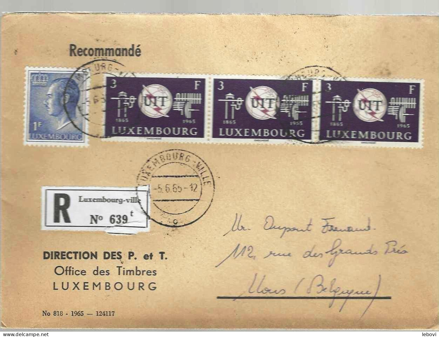 (Luxembourg) Pli RECOMMANDE De ‘LUXEMBOURG Vers MONS (5-6-65) - Stamped Stationery