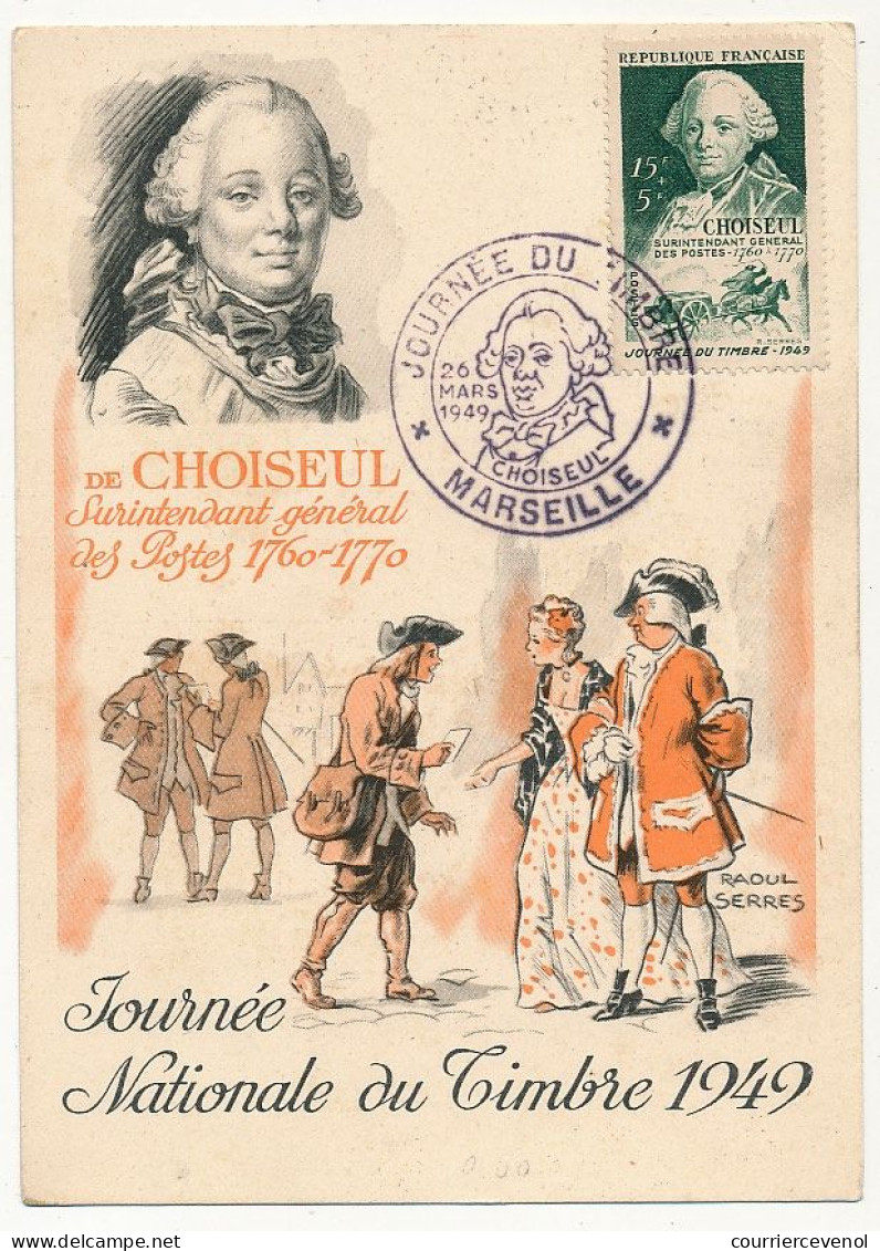 FRANCE => MARSEILLE - Carte Officielle "Journée Du Timbre" 1949 Timbre 15F + 5F Choiseul - Storia Postale