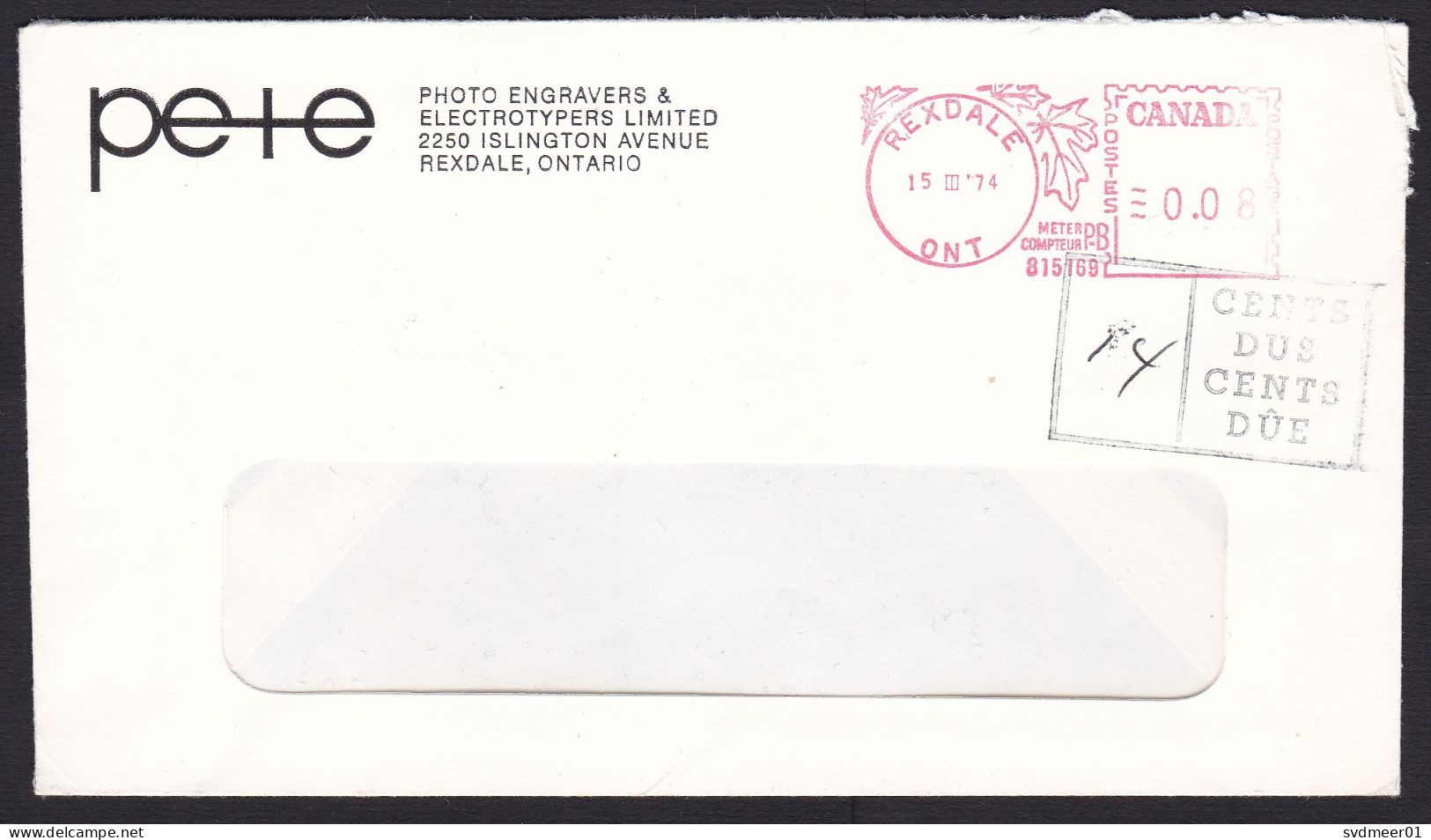 Canada: Cover, 1974, Meter Cancel, Rexdale, Cancel Postage Due, Taxed, To Pay (roughly Opened) - Cartas & Documentos