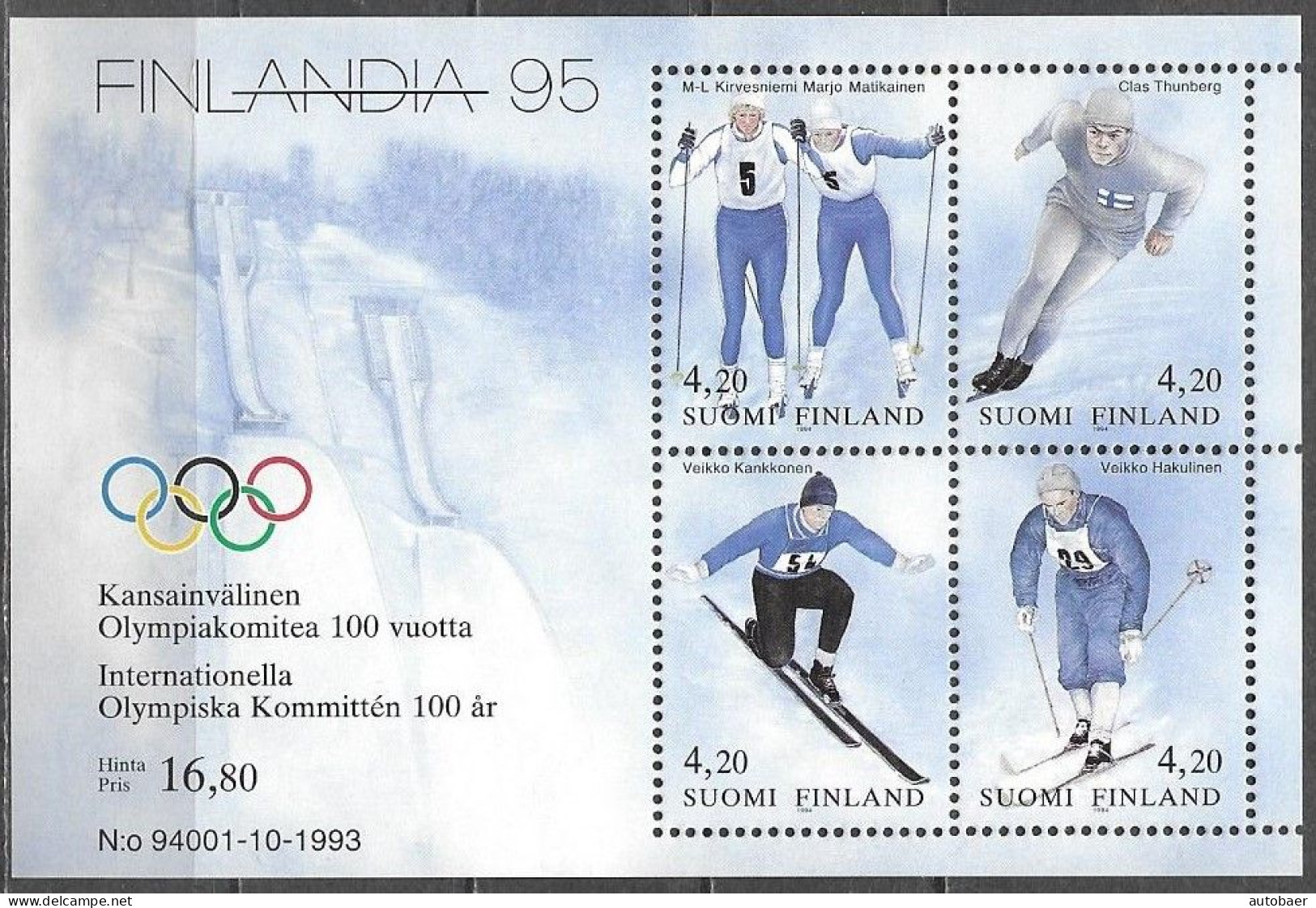 Finland Finnland Finlande Suomi 1994 Finlandia 95 IOC Winter Olympic Games Mi.Nr. Bl. 11 (1236-39) MNH ** Postfr. Neuf - Blocks & Kleinbögen