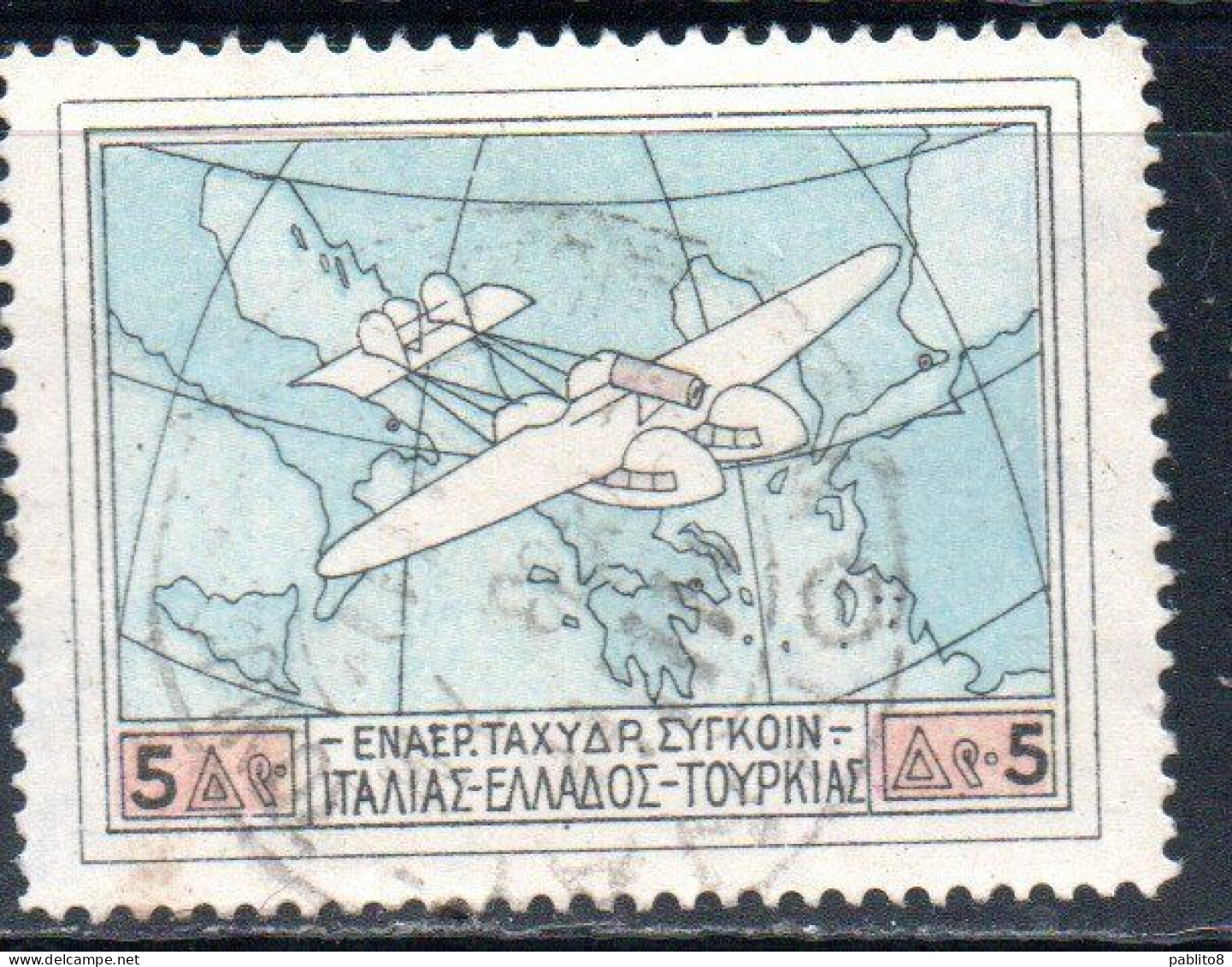 GREECE GRECIA ELLAS 1926 AIR POST MAIL AIRMAIL ITALY-TURKEY-RHODES SERVICE FLYING BOAT OVER MAP SOUTHERN EUROPA 5d USED - Usati