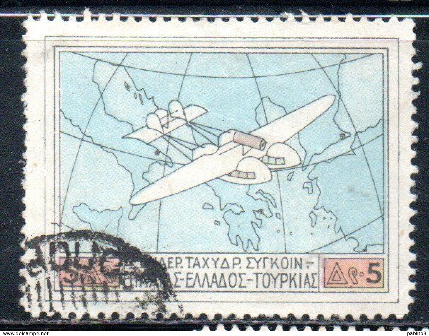 GREECE GRECIA ELLAS 1926 AIR POST MAIL AIRMAIL ITALY-TURKEY-RHODES SERVICE FLYING BOAT OVER MAP SOUTHERN EUROPA 5d USED - Used Stamps