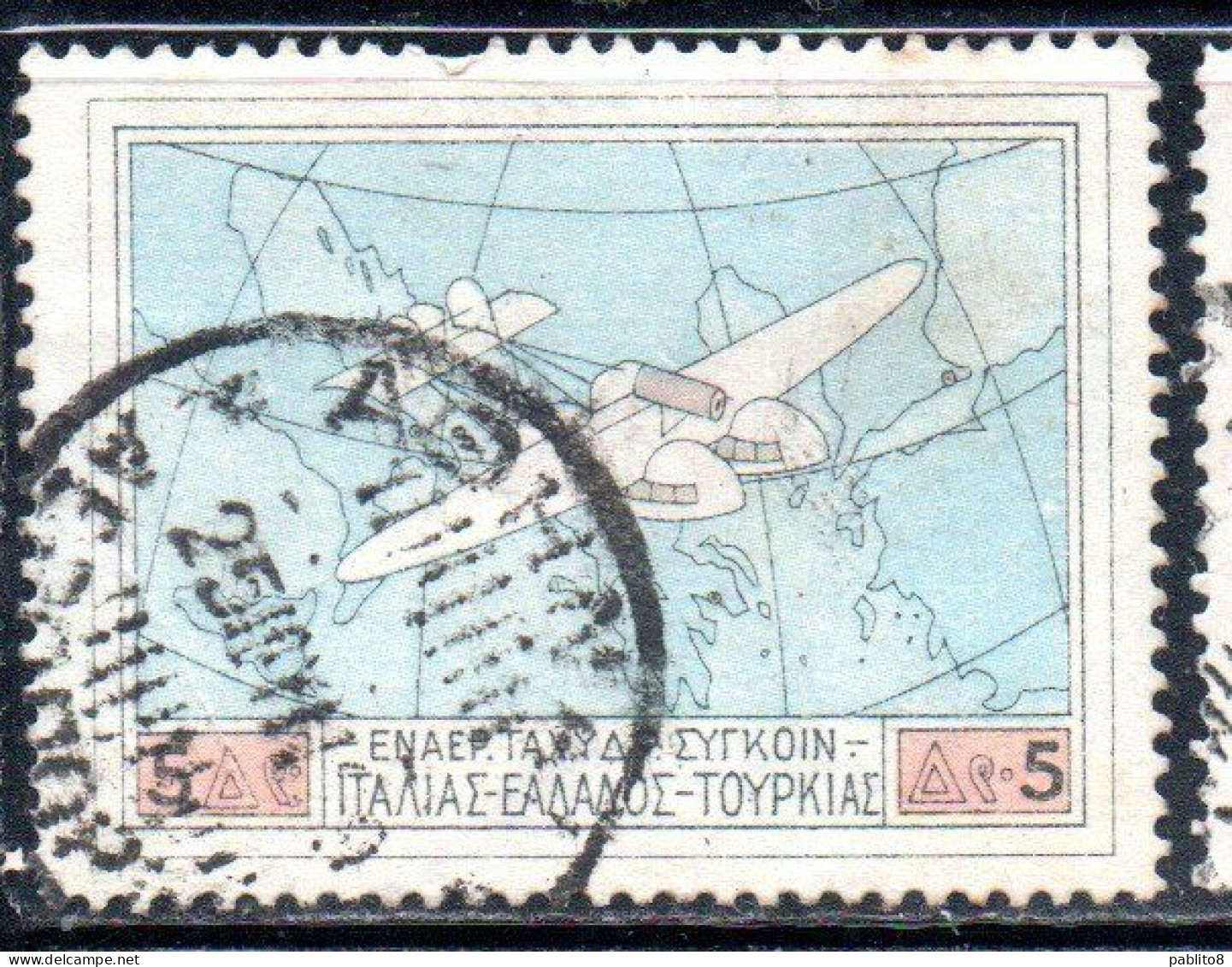 GREECE GRECIA ELLAS 1926 AIR POST MAIL AIRMAIL ITALY-TURKEY-RHODES SERVICE FLYING BOAT OVER MAP SOUTHERN EUROPA 5d USED - Used Stamps