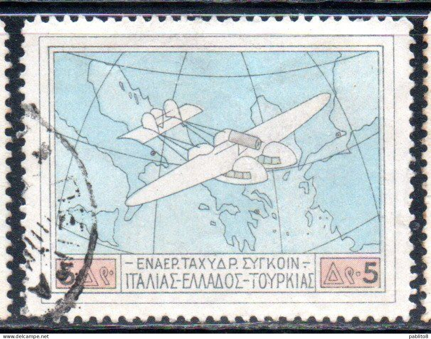 GREECE GRECIA ELLAS 1926 AIR POST MAIL AIRMAIL ITALY-TURKEY-RHODES SERVICE FLYING BOAT OVER MAP SOUTHERN EUROPA 5d USED - Gebruikt