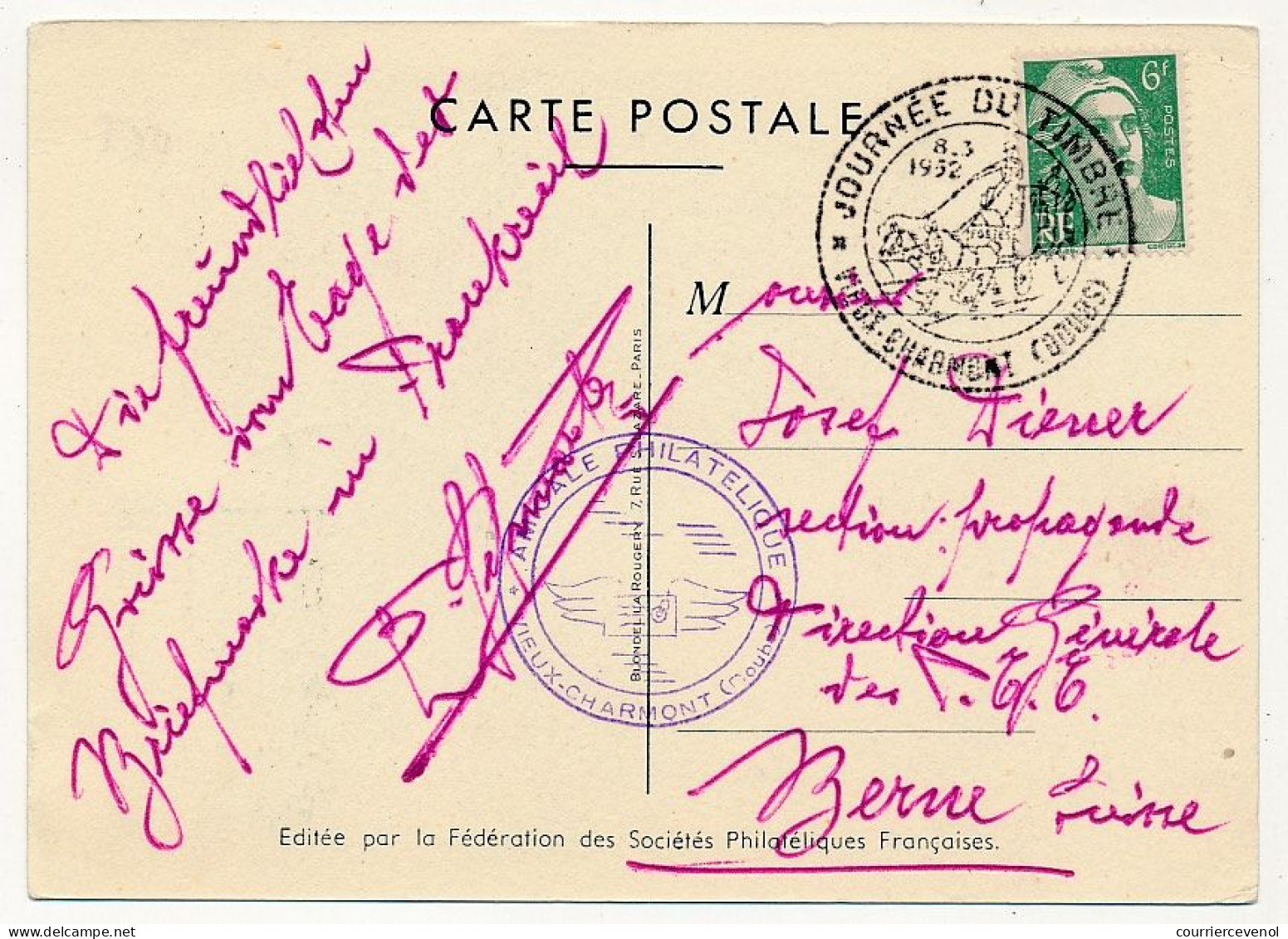 FRANCE => VIEUX_CHARMONT (Doubs) - Carte Officielle "Journée Du Timbre" 1952 Timbre 12F + 3F Malle-Poste - Covers & Documents