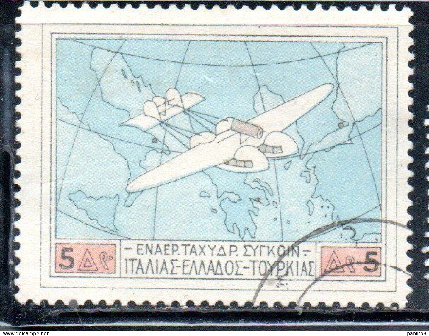 GREECE GRECIA ELLAS 1926 AIR POST MAIL AIRMAIL ITALY-TURKEY-RHODES SERVICE FLYING BOAT OVER MAP SOUTHERN EUROPA 5d USED - Gebruikt