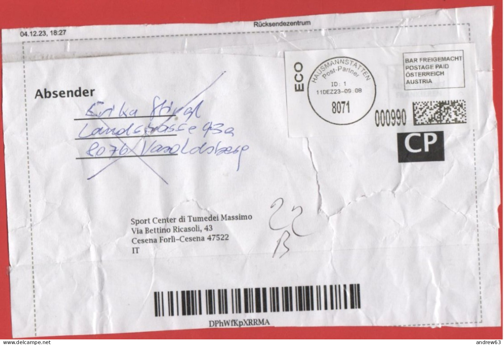AUSTRIA - ÖSTERREICH - 2023 - Postage Paid - Registered - Big Fragment - Viaggiata Da Hausmannstätten Per Cesena, Italy - Storia Postale