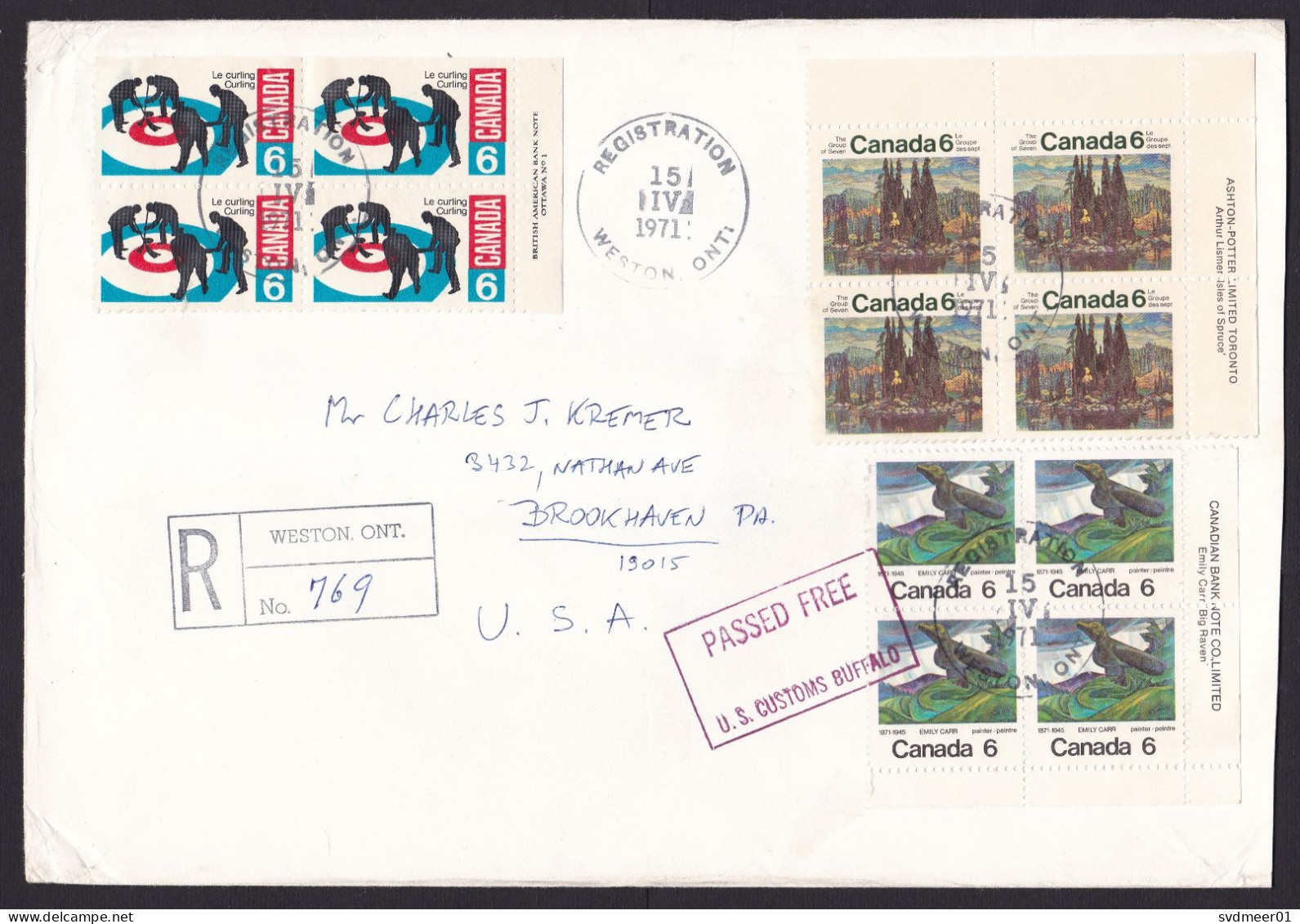 Canada: Registered Cover To USA, 1971, 12 Stamps + Tab, Weston, Customs Cancel Passed Free Buffalo (minor Creases) - Covers & Documents