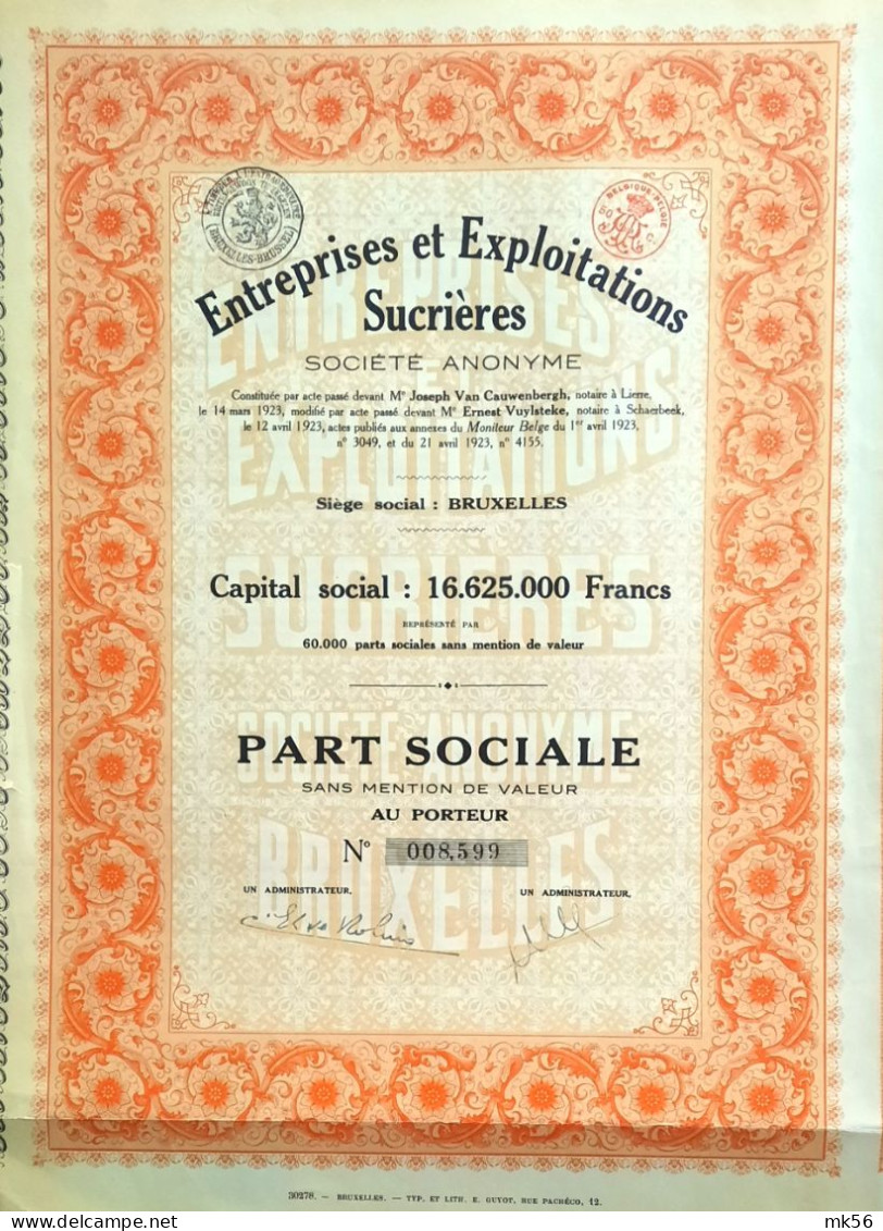 Entreprises Et Exploitations Sucrières - Part Sociale - 1923 - Bruxelles - Agriculture