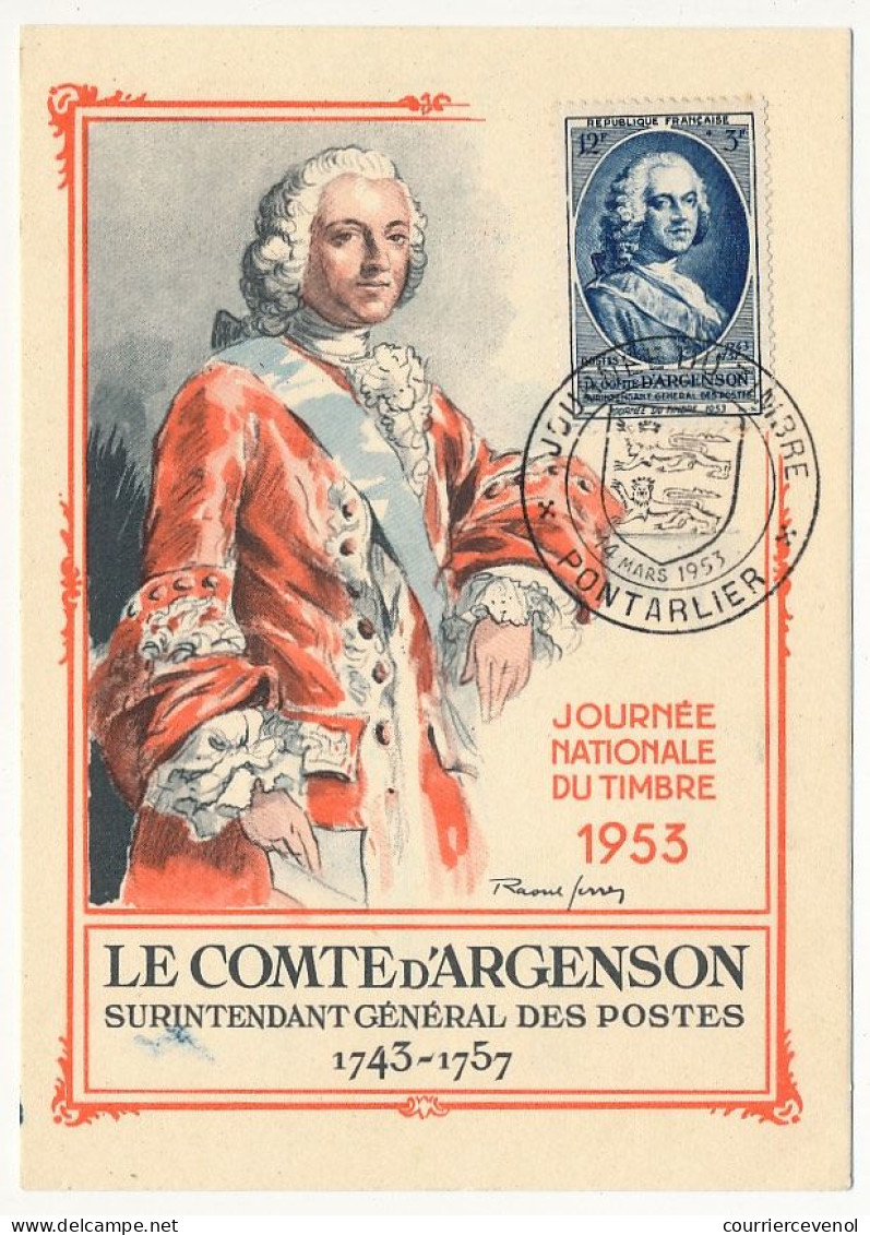 FRANCE => PONTARLIER - Carte Officielle "Journée Du Timbre" 1953 Timbre 12F + 3F Comte D'Argenson - Covers & Documents