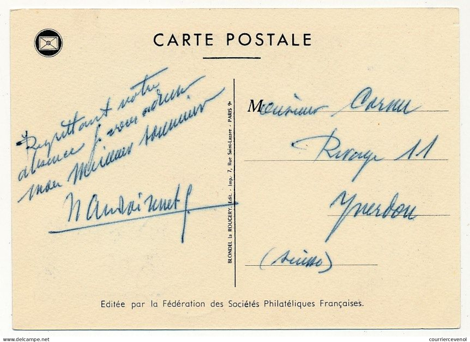 FRANCE => PONTARLIER - Carte Officielle "Journée Du Timbre" 1953 Timbre 12F + 3F Comte D'Argenson - Briefe U. Dokumente