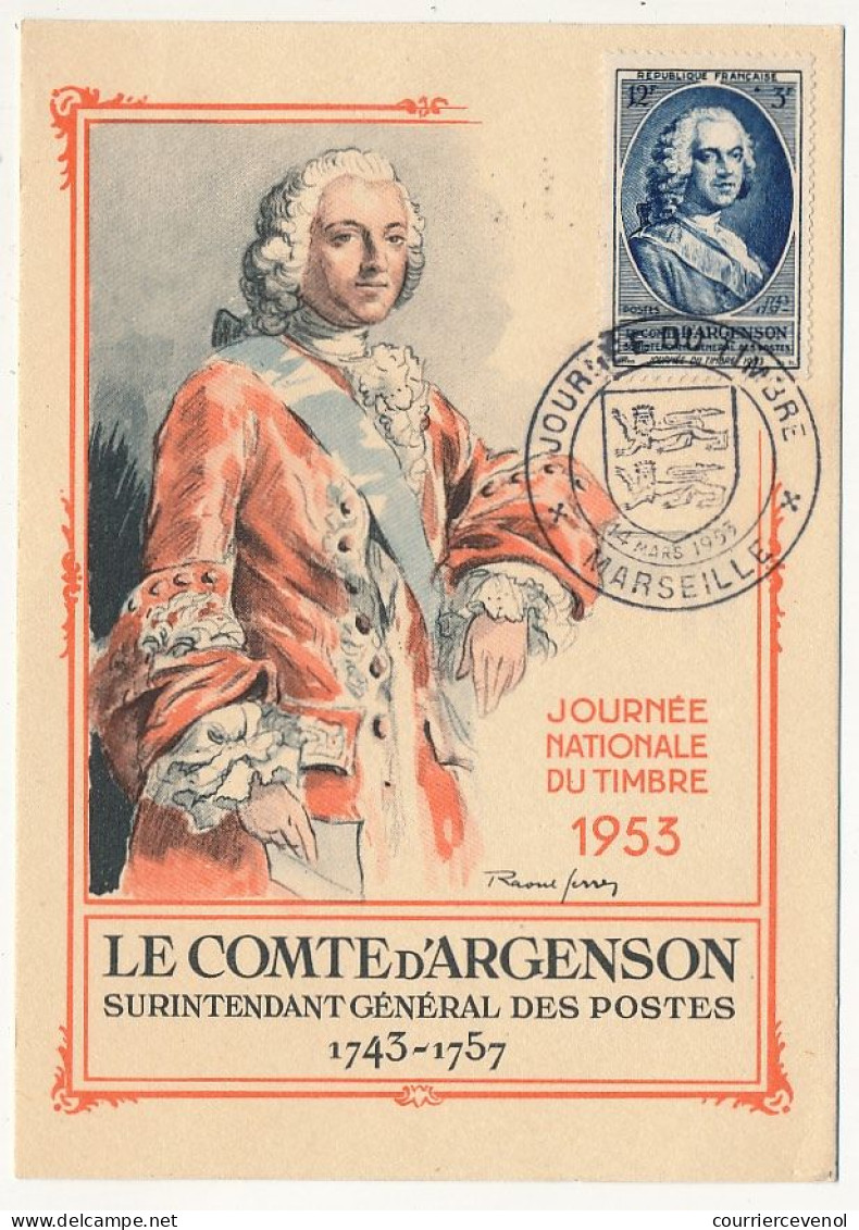 FRANCE => MARSEILLE - Carte Officielle "Journée Du Timbre" 1953 Timbre 12F + 3F Comte D'Argenson - Covers & Documents