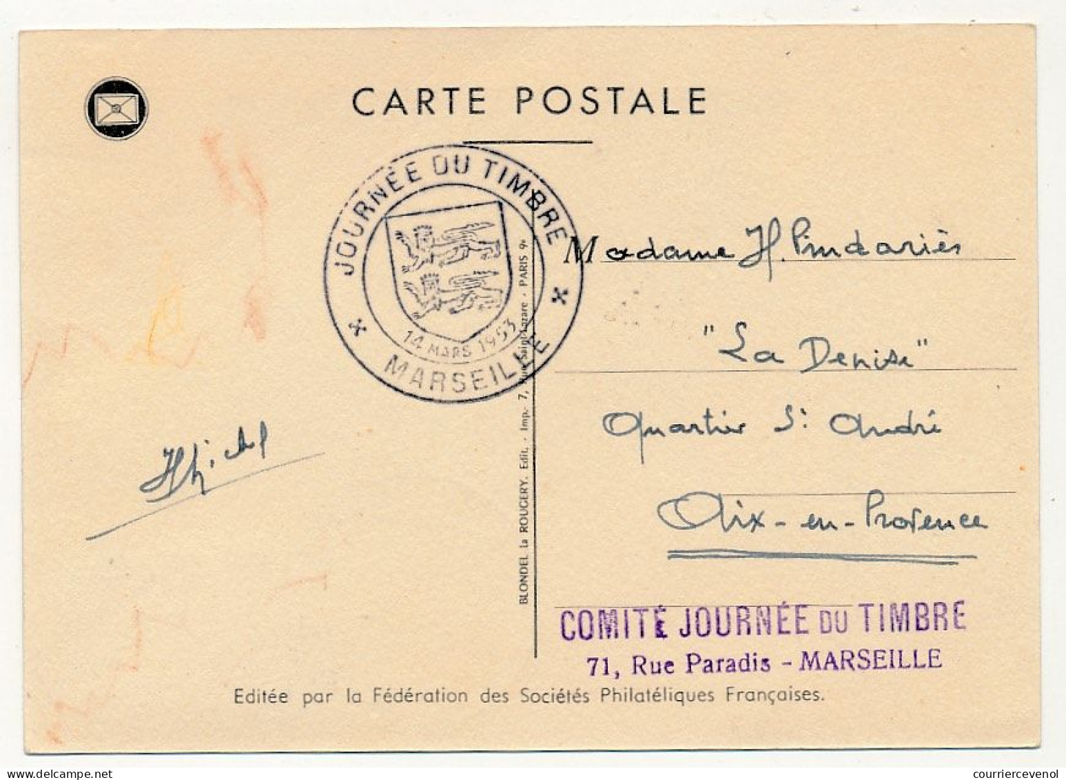 FRANCE => MARSEILLE - Carte Officielle "Journée Du Timbre" 1953 Timbre 12F + 3F Comte D'Argenson - Covers & Documents